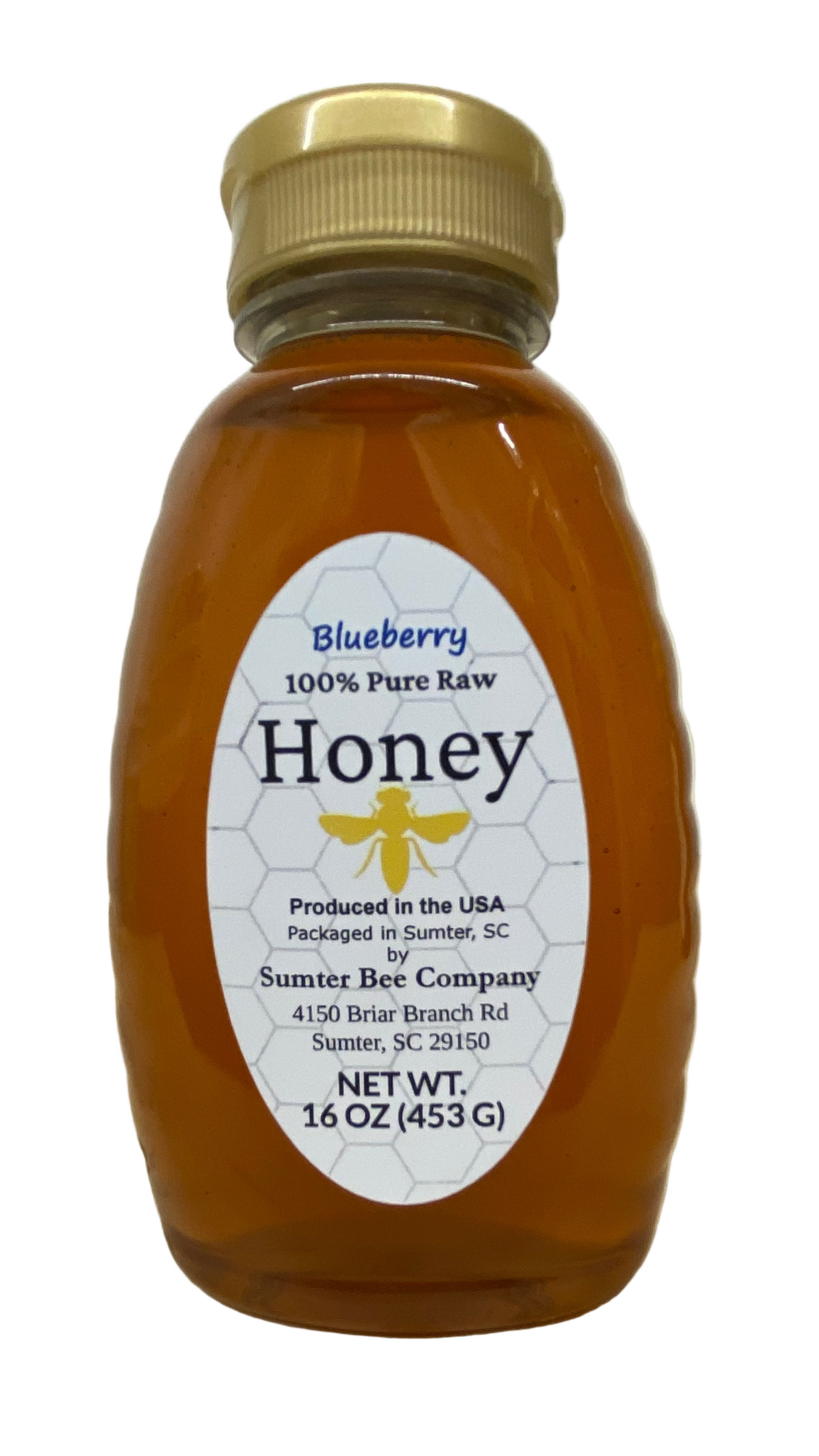Sumter Bee Company Blueberry Honey in 16 Oz plastic bottle.